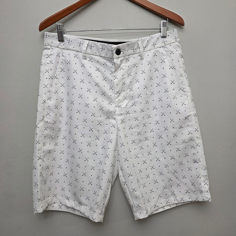 Tek Gear‎ Golf Shorts Size 34 White Black Golf Clubs Print Casual Mens